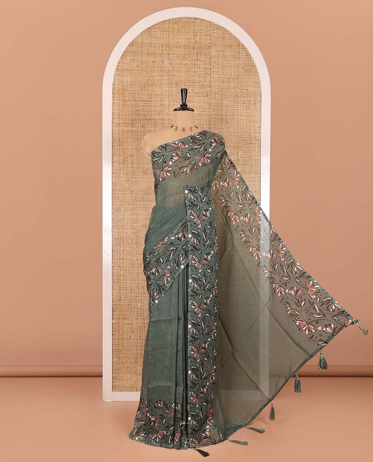 Green plain fendy chiffon saree, double-side floral motifs printed border, self-pallu, and no blouse