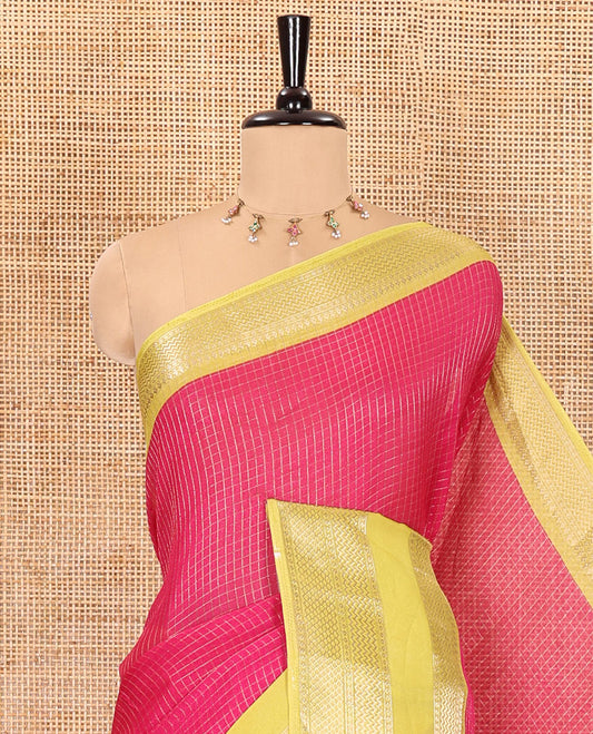 Rani pink checked moss chiffon saree with contrast traditional zari design border, checked pallu, and a contrast zari design blouse