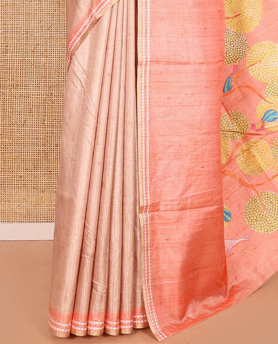 Chikku and Orange Plain Semi-Tussar Saree, Complemented by a Contrast Resham Thread Border, Tree of Life Printed Pallu, and Paired with a Contrast Bird Motifs Printed Blouse