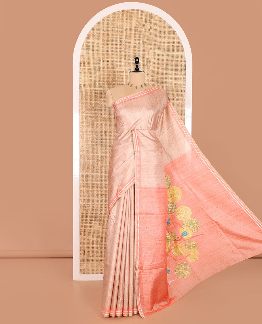 Chikku and Orange Plain Semi-Tussar Saree, Complemented by a Contrast Resham Thread Border, Tree of Life Printed Pallu, and Paired with a Contrast Bird Motifs Printed Blouse