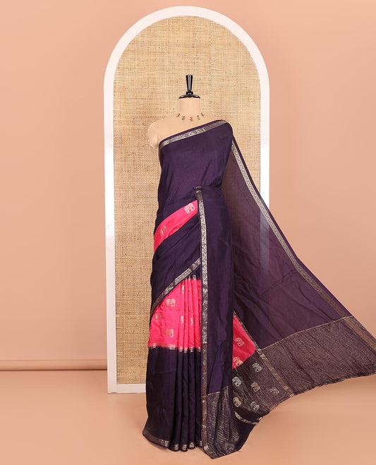 Dark Violet Russian Silk Saree Featuring Double-Sided Plain and Central Zari Elephant Motifs Weave, Accentuated by a Subtle Traditional Zari Border, Enhanced with a Zari-Designed Pallu, and Paired with a Blouse Depicting Meenakari Peacocks