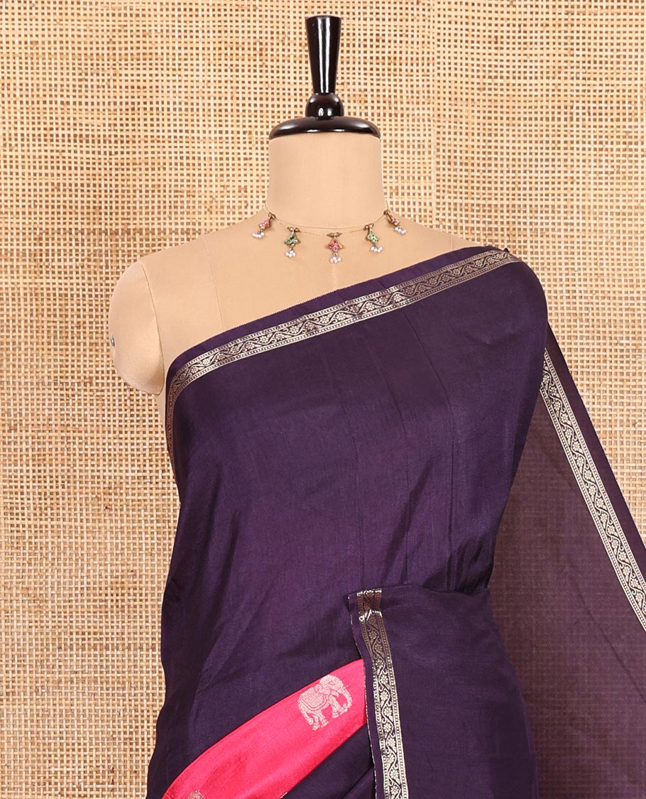 Dark Violet Russian Silk Saree Featuring Double-Sided Plain and Central Zari Elephant Motifs Weave, Accentuated by a Subtle Traditional Zari Border, Enhanced with a Zari-Designed Pallu, and Paired with a Blouse Depicting Meenakari Peacocks