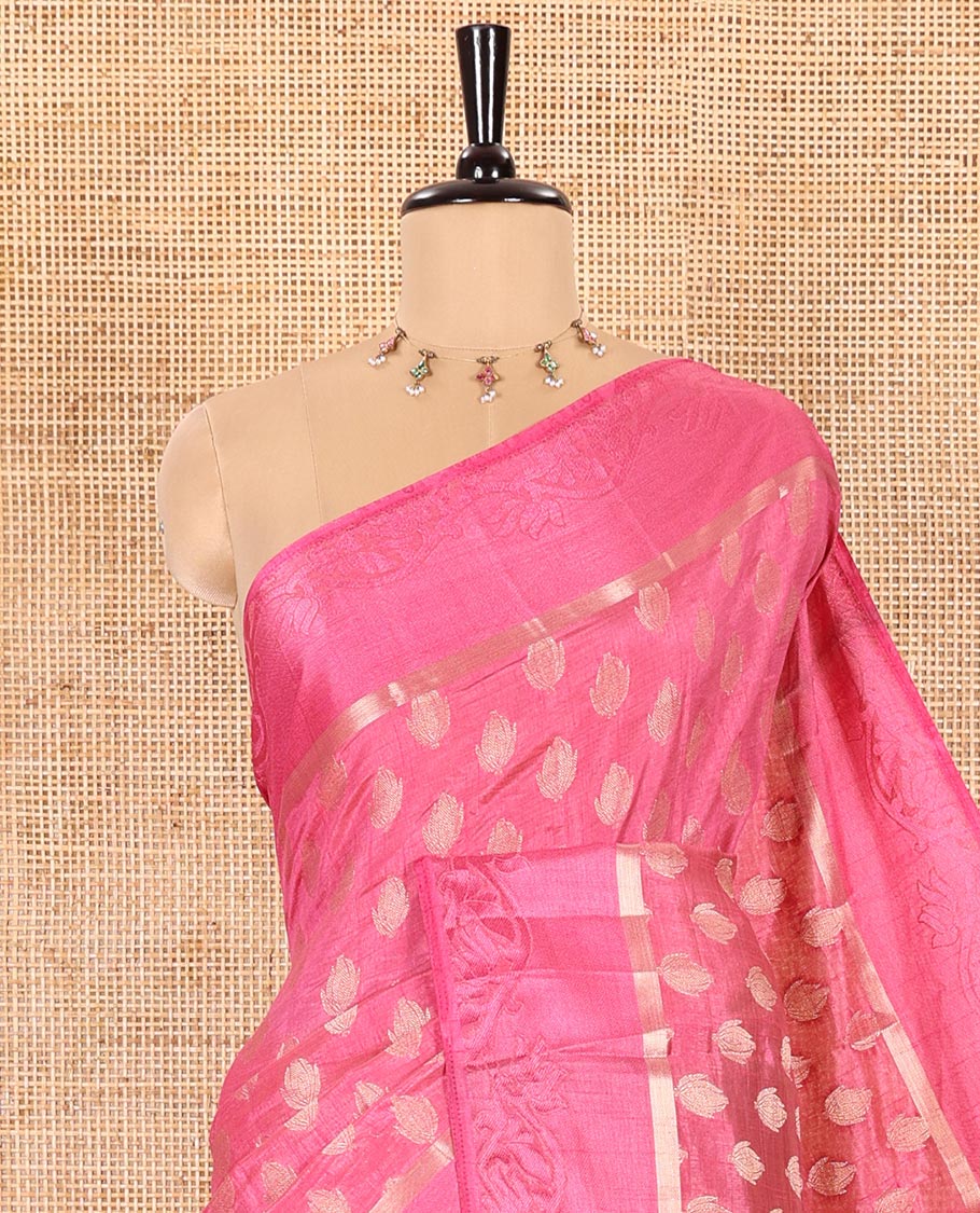 Pink Semi-Tussar Saree Enthralled with Copper Zari Floral Bud Motifs, Featuring a Floral Creeper Embossed Border, Complemented by a Contrast Pallu Adorned with Floral Bud Motifs, and Paired with a Contrast Blouse