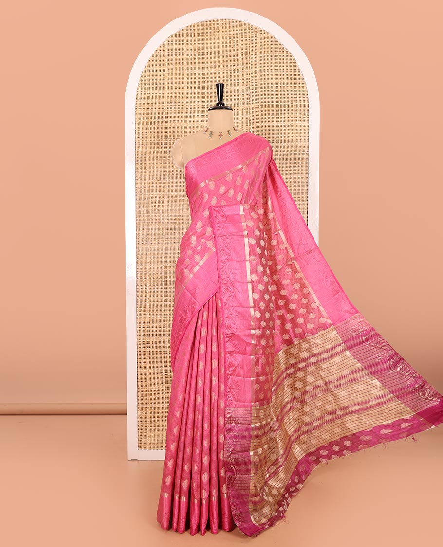 Pink Semi-Tussar Saree Enthralled with Copper Zari Floral Bud Motifs, Featuring a Floral Creeper Embossed Border, Complemented by a Contrast Pallu Adorned with Floral Bud Motifs, and Paired with a Contrast Blouse