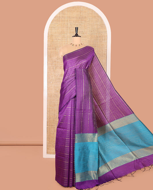 Borderless Dark Violet Semi-Raw Silk Saree Embellished with Gold-Zari Horizontal Stripes All Over Its Body, Complemented by a Contrast Pallu of Stripes, and Paired with a Contrast Blouse