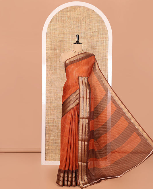 Rust Orange Moss Chiffon Saree, Embellished with Zari Checks All Over Its Body, Complemented by a Contrast Traditional Zari Design Border, Zari Striped Pallu, and Paired with a Contrast Blouse