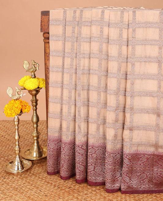 Chikku color rudraksh checks pattern fancy crape copper zari banaras border & rich pallu along with butta design blouse
