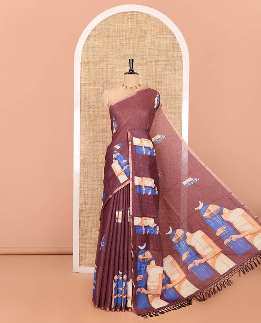 Maroon Linen Saree, Bedecked with Woman Braiding Her Hair Motifs Printed on Its Body, Subtle Zari Piping Border, Pallu Mirrors the Same Print, and Comes with a Matching Printed Blouse