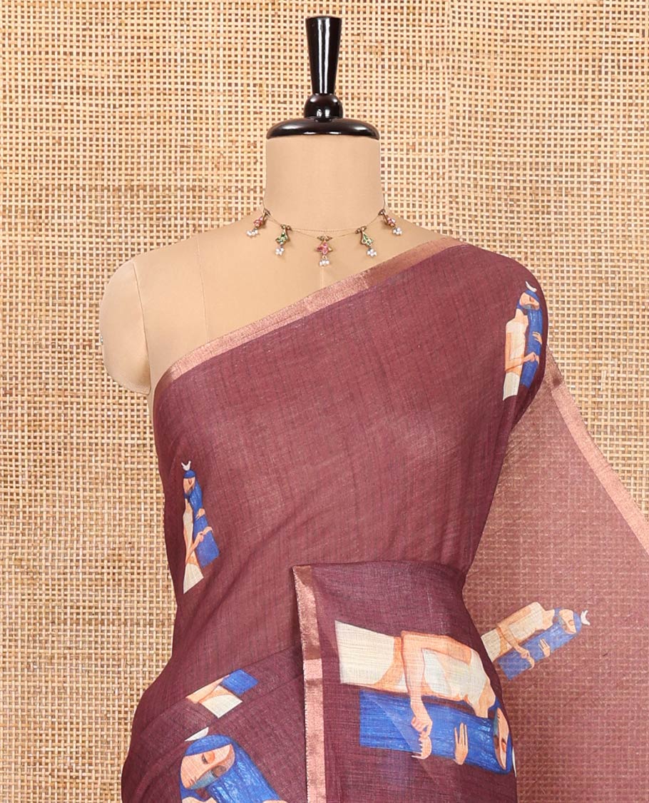 Maroon Linen Saree, Bedecked with Woman Braiding Her Hair Motifs Printed on Its Body, Subtle Zari Piping Border, Pallu Mirrors the Same Print, and Comes with a Matching Printed Blouse