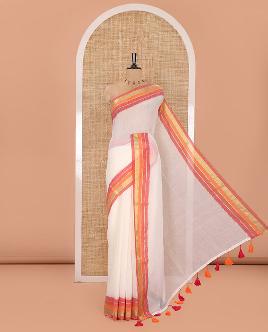Cream Plain Khadi Mul Cotton Saree, Complemented by a Contrast Golden Zari Striped Border, Subtle Self-Pallu, and Paired with a Running Blouse