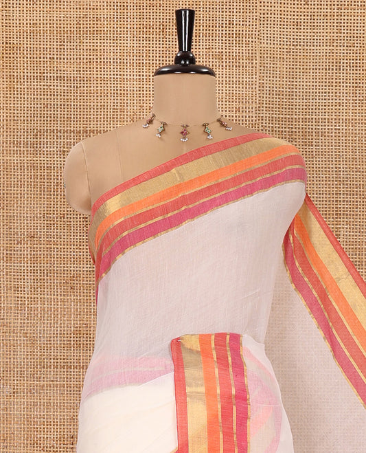 Cream Plain Khadi Mul Cotton Saree, Complemented by a Contrast Golden Zari Striped Border, Subtle Self-Pallu, and Paired with a Running Blouse