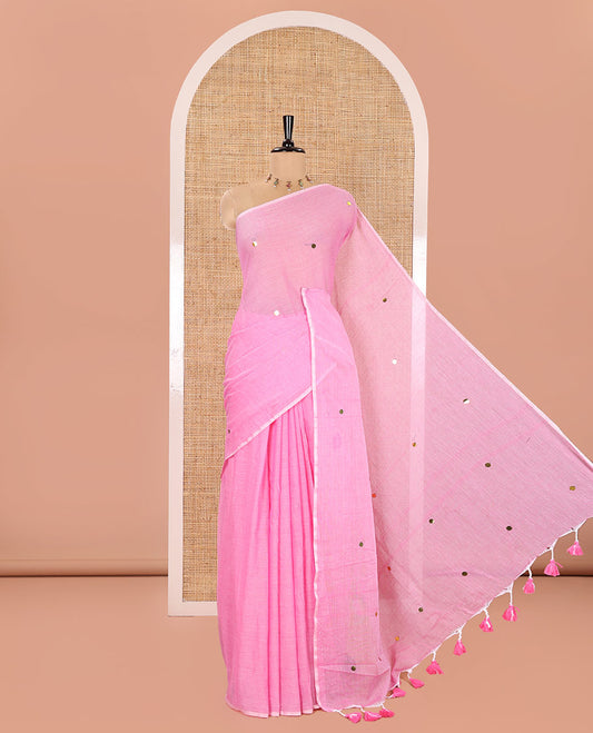 Borderless Pink Khadi Mul Cotton Saree, Gleamed up with Sequin Work on Its Body and Pallu, and Paired with a Matching Blouse
