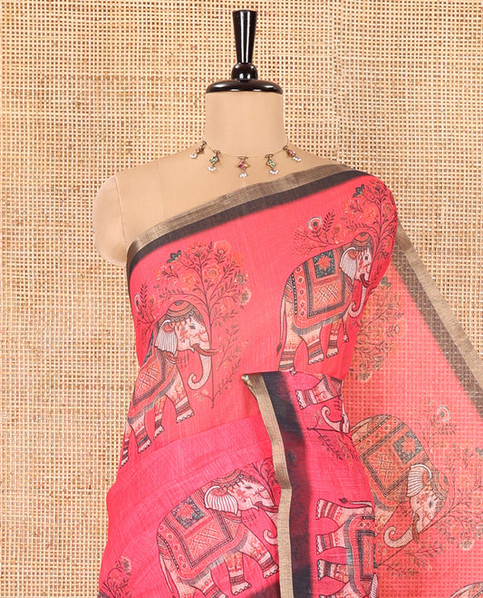 Rani Plain Linen Cotton Saree, Artfully Detailed with Elephant Motifs on Piping Border, Pallu of Elephant Motifs Print, and Paired with a Contrast Blouse