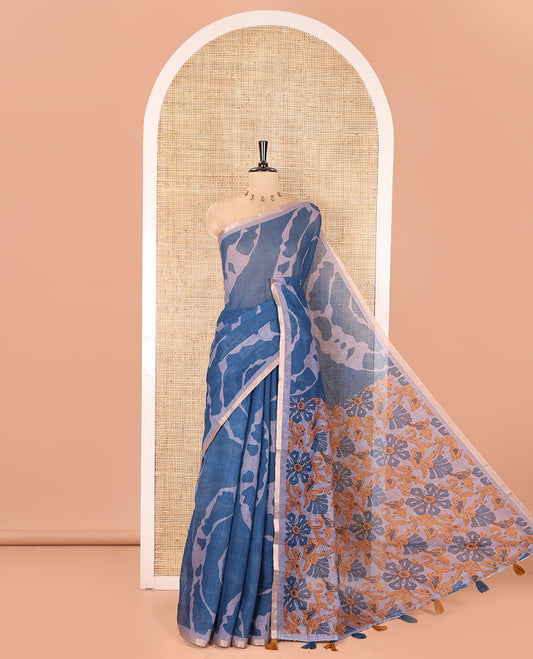 Grey Linen Cotton Saree, Adorned with Shibori Prints on Its Body, Subtle Contrast Piping Border, Pallu of Floral Print, and Paired with a Matching Blouse