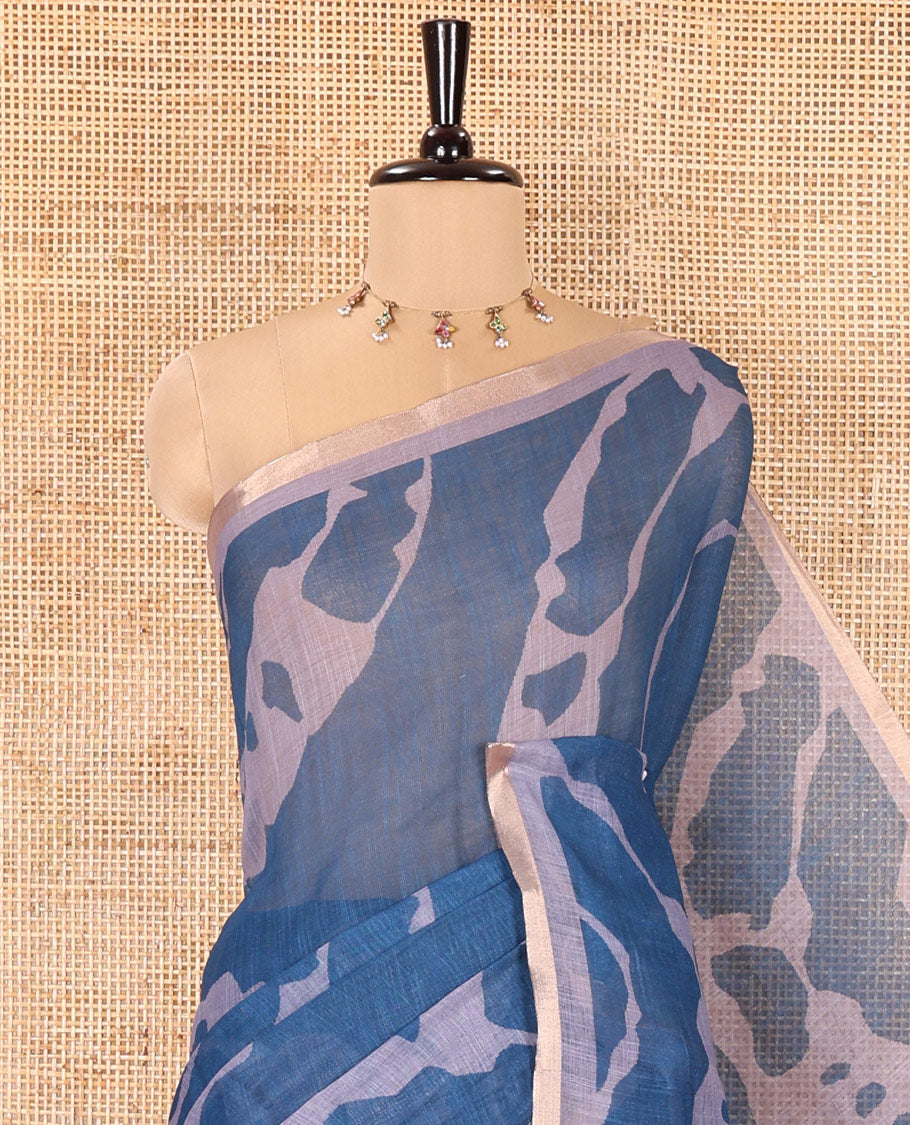 Grey Linen Cotton Saree, Adorned with Shibori Prints on Its Body, Subtle Contrast Piping Border, Pallu of Floral Print, and Paired with a Matching Blouse