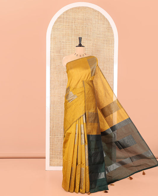 Borderless Yellow Vichitra Silk Saree, Accentuated with Square Buttas All Over Its Body, Captivating Contrast Pallu of Traditional Designs, and Paired with a Contrast Blouse