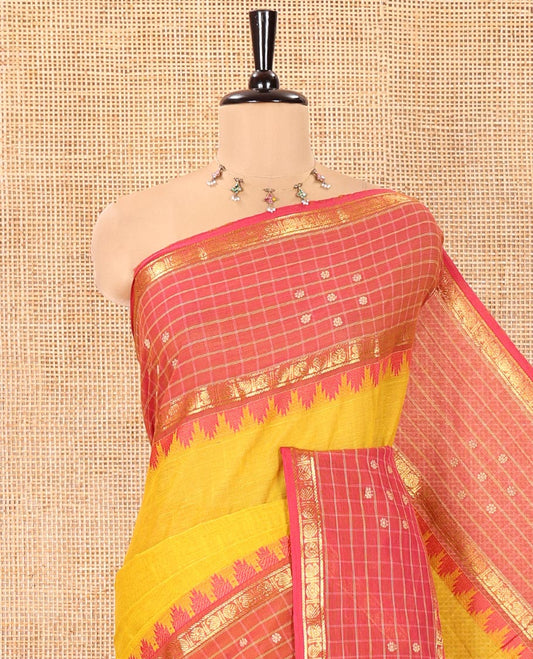 Yellow Plain Chettinad Cotton Saree, Complemented by Contrast Traditional Temple Border of Butta Enclosed Checks, Subtly Striped Pallu, and Paired with a Matching Blouse