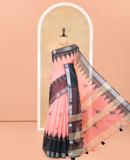 Peach Linen Cotton Saree, Adorned with Owl Buttas Printed on Its Body, Complemented by Contrast Temple Zari Border, Pallu of the Same Print, and Paired with a Contrast Blouse
