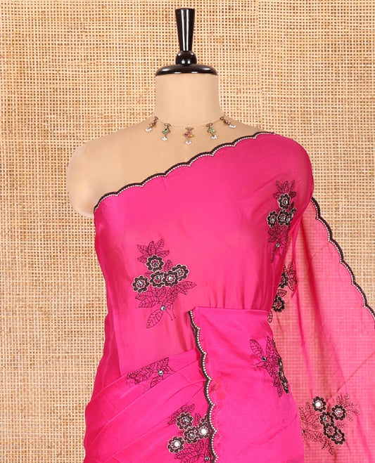 Rani Pink Rangoli Chiffon Saree, Decorated with Flower-Style Motifs Embroidered on Its Body, a Subtle Scallop Embroidered Border, a Self-Pallu, and Paired with a Contrast Embroidered Blouse