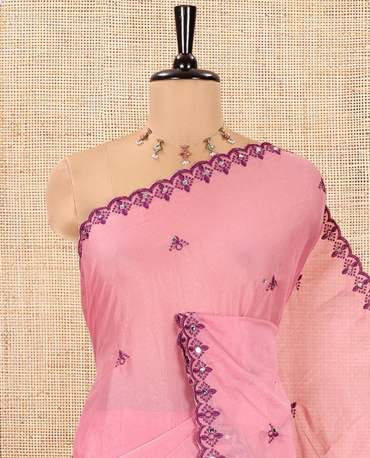 Dusty Pink Rangoli Chiffon Saree, Beautified with Thread and Mirror Work Buttas on Its Body, Subtle Scallop Embroidered Border, Embroidered Pallu, and Paired with a Contrast Mirror Work Blouse