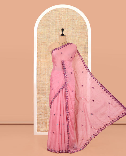 Dusty Pink Rangoli Chiffon Saree, Beautified with Thread and Mirror Work Buttas on Its Body, Subtle Scallop Embroidered Border, Embroidered Pallu, and Paired with a Contrast Mirror Work Blouse
