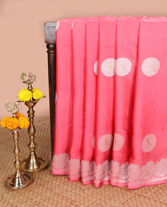 Peach polka dot,  bird design mushru silk saree with zari border & rich pallu along with plain blouse
