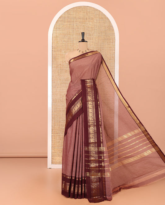Mauve Plain Chettinad Cotton Saree, Contrast Rettai Pettu Temple-Peacock Border, a Self-Pallu, a Matching Blouse
