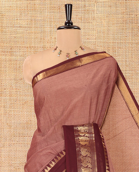 Mauve Plain Chettinad Cotton Saree, Contrast Rettai Pettu Temple-Peacock Border, a Self-Pallu, a Matching Blouse