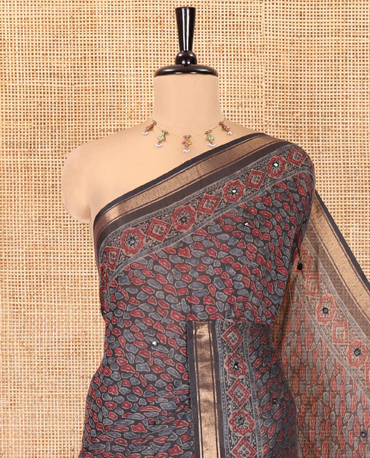 Grey Chanderi Cotton Saree, Elevated with Intricate Bagru Print and Mirror Work on Its Body, a Subtle Printed Border, Pallu of Paisleys Block Print, and Has a Plain Blouse