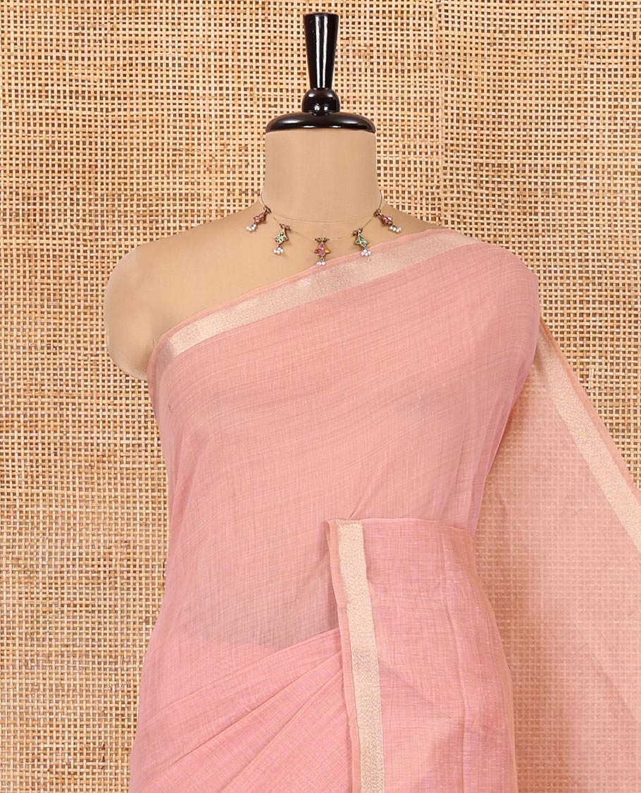 Onion Pink Plain Jamdani Cotton Saree, Highlighted by a Golden Zari Border, Pallu of Kashmiri-Style Weaving, and Paired with a Contrast Striped Blouse