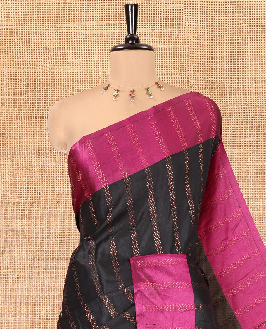 Black Kanchi Soft Silk Saree, Enriched with Chevron Stripes on Its Body, Complemented by a Contrast Chevron Striped Border, Striped Pallu, and Paired with a Contrast Blouse