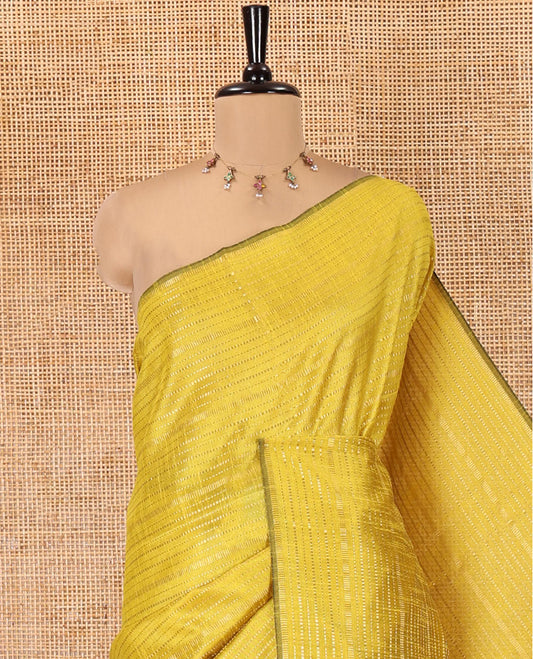 Borderless Yellow and Rama Semi-Raw Silk Saree, Subtly Sparkled with Muthu Stripes on Its Body, Complemented by a Contrast Zari Striped Pallu, and Paired with a Contrast Blouse