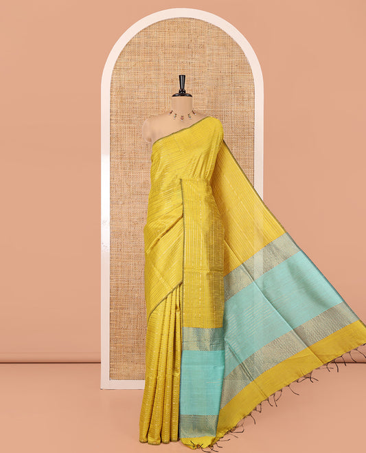 Borderless Yellow and Rama Semi-Raw Silk Saree, Subtly Sparkled with Muthu Stripes on Its Body, Complemented by a Contrast Zari Striped Pallu, and Paired with a Contrast Blouse