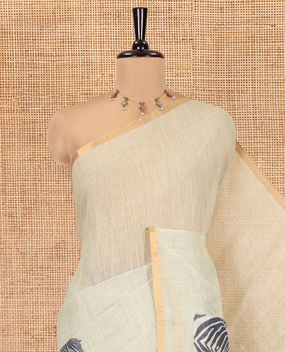 Pista Green Linen Cotton Saree, Accentuated with Zebra Motifs Print, A Subtle Piping Border, Zebra Printed Pallu, and Comes with a Contrast Blouse