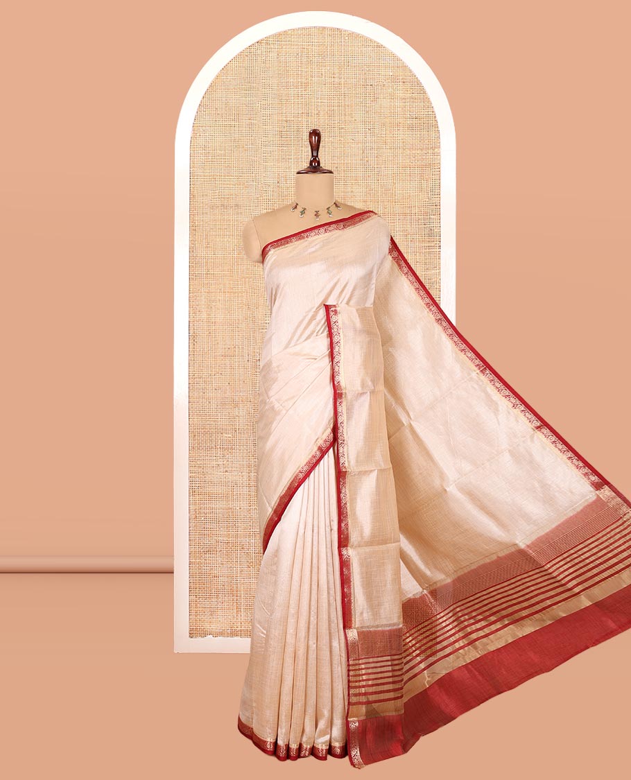 Chikku-Maroon Plain Semi-Tussar Saree, Complemented by Contrast Floral Creeper Zari Border, Striped Pallu and a Contrast Blouse