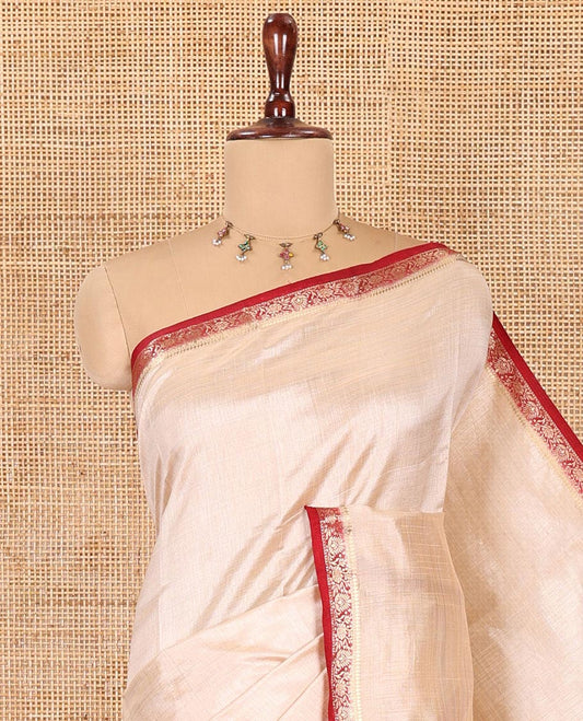 Chikku-Maroon Plain Semi-Tussar Saree, Complemented by Contrast Floral Creeper Zari Border, Striped Pallu and a Contrast Blouse