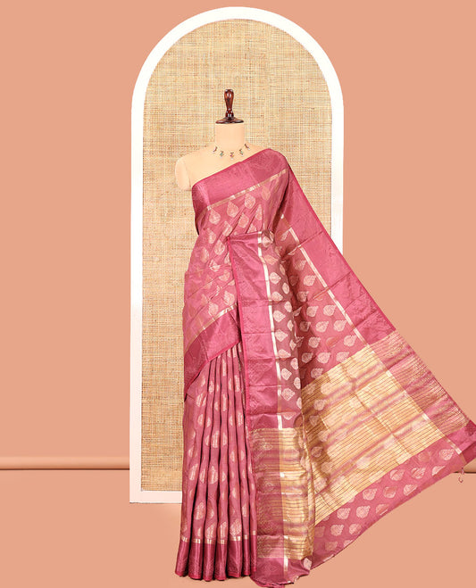 Purple Semi-Tussar Saree, Enriched with Zari Buttas, a Satin Embossed Border, Gleaming Pallu, and a Matching Blouse