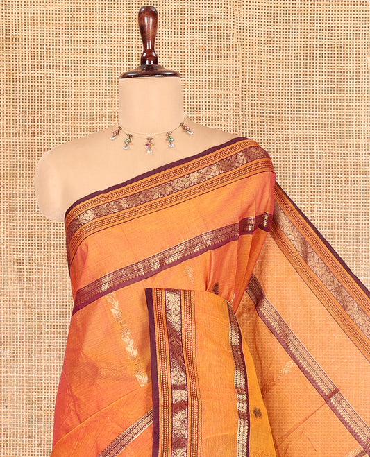 Mustard-Yellow Chettinad Cotton Saree, Floral Creeper and Thread Buttas, Rettai Pettu Border, Butta-Enclosed Checked Pallu, a Matching Blouse