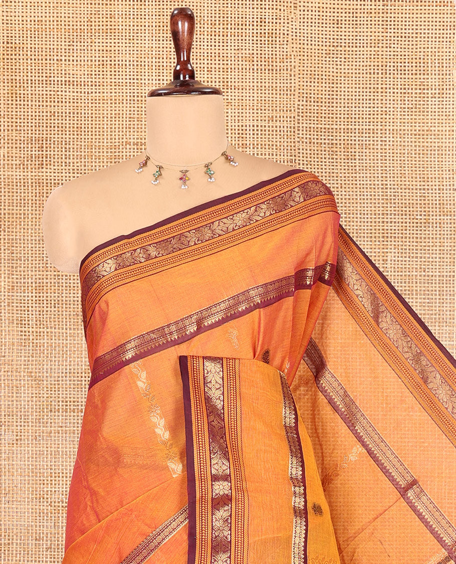 Mustard-Yellow Chettinad Cotton Saree, Floral Creeper and Thread Buttas, Rettai Pettu Border, Butta-Enclosed Checked Pallu, a Matching Blouse
