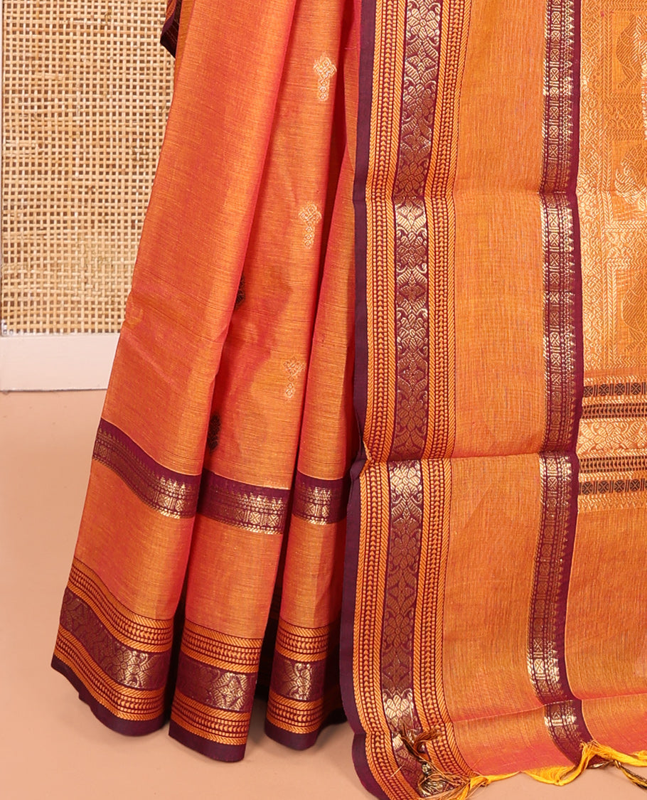 Mustard-Yellow Chettinad Cotton Saree, Floral Creeper and Thread Buttas, Rettai Pettu Border, Butta-Enclosed Checked Pallu, a Matching Blouse