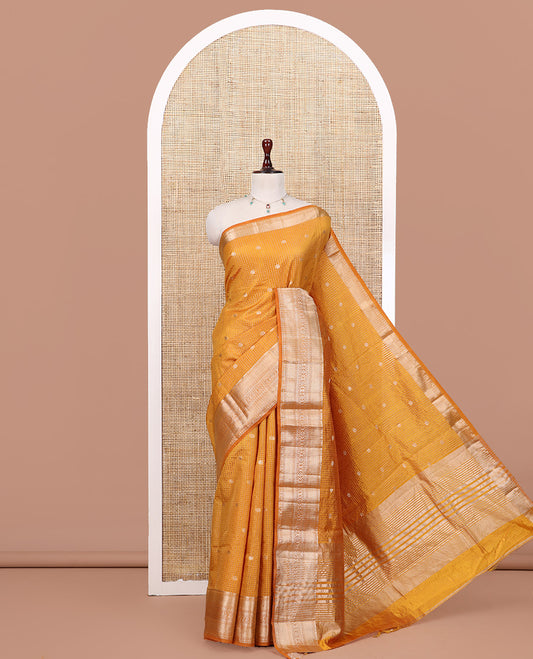Mustard Semi-Tussar Saree, Enriched with Zari Buttas and Checks, a Traditional Zari Border, and a Matching Blouse