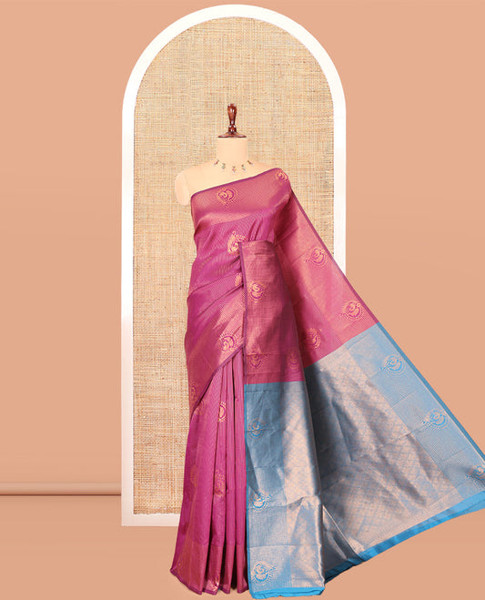 Purple Art Kanchi Silk Saree, Adorned with Vaira Oosi and Zari Buttas, a Traditional Zari Border, Contrast Jaal Pallu, and a Contrast Blouse