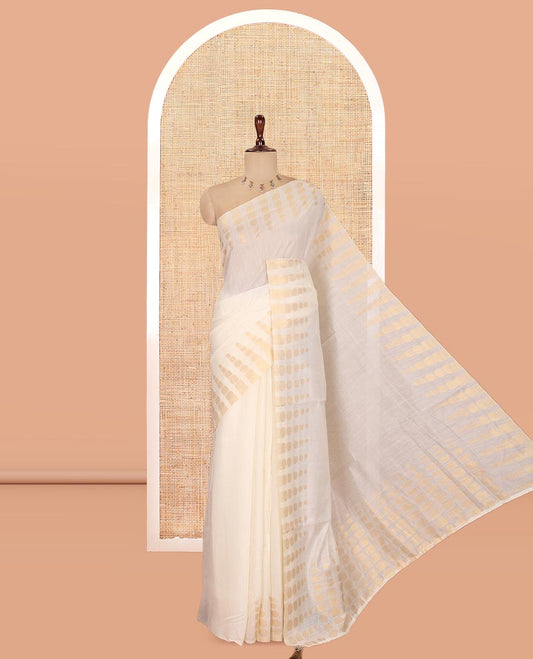 Cream Plain Chanderi Cotton Saree, Highlighted by Coin Zari Motifs Border, and a Matching Blouse