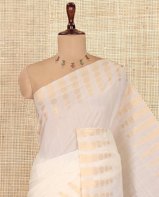 Cream Plain Chanderi Cotton Saree, Highlighted by Coin Zari Motifs Border, and a Matching Blouse