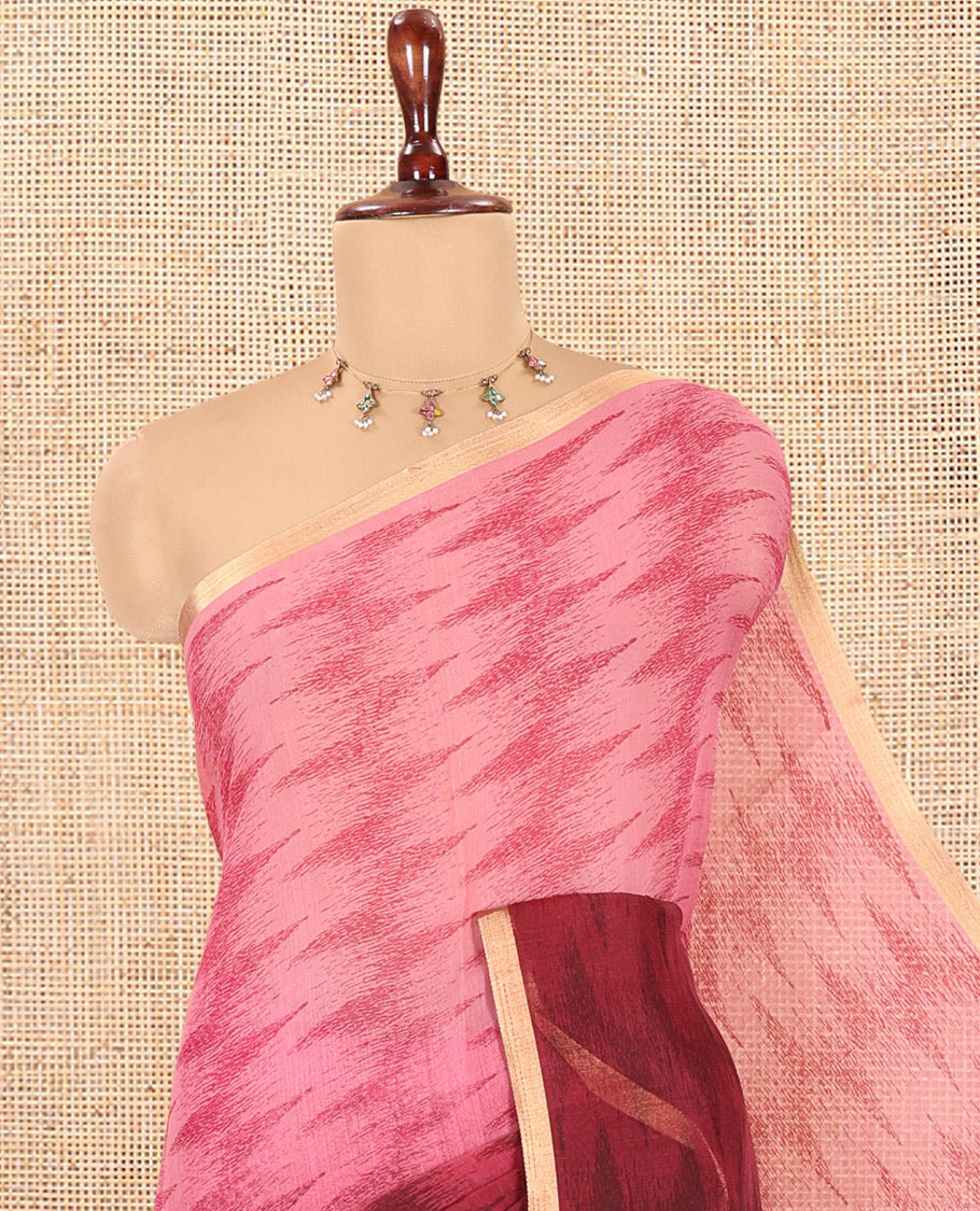 Pink Linen Cotton Saree, Adorned with Ikat Zig-Zag Stripes, a Piping Border, Printed Pallu, and Matching Blouse