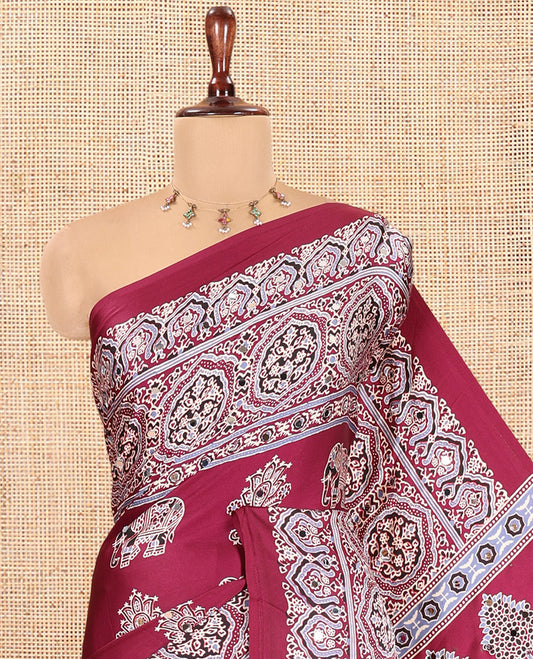 Wine Satin Crepe Saree, Adorned with Ajrakh and Elephant Print, Intricately Printed Border, a Matching Blouse