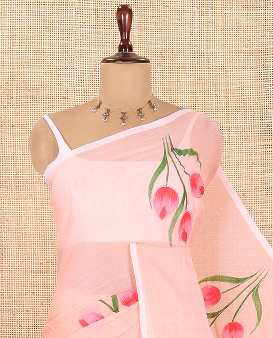 Borderless Peach Khadi Mul Cotton Saree