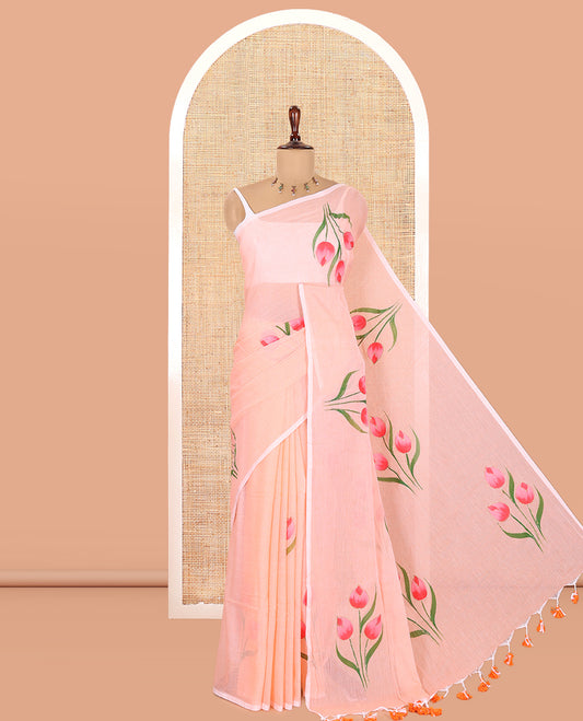 Borderless Peach Khadi Mul Cotton Saree