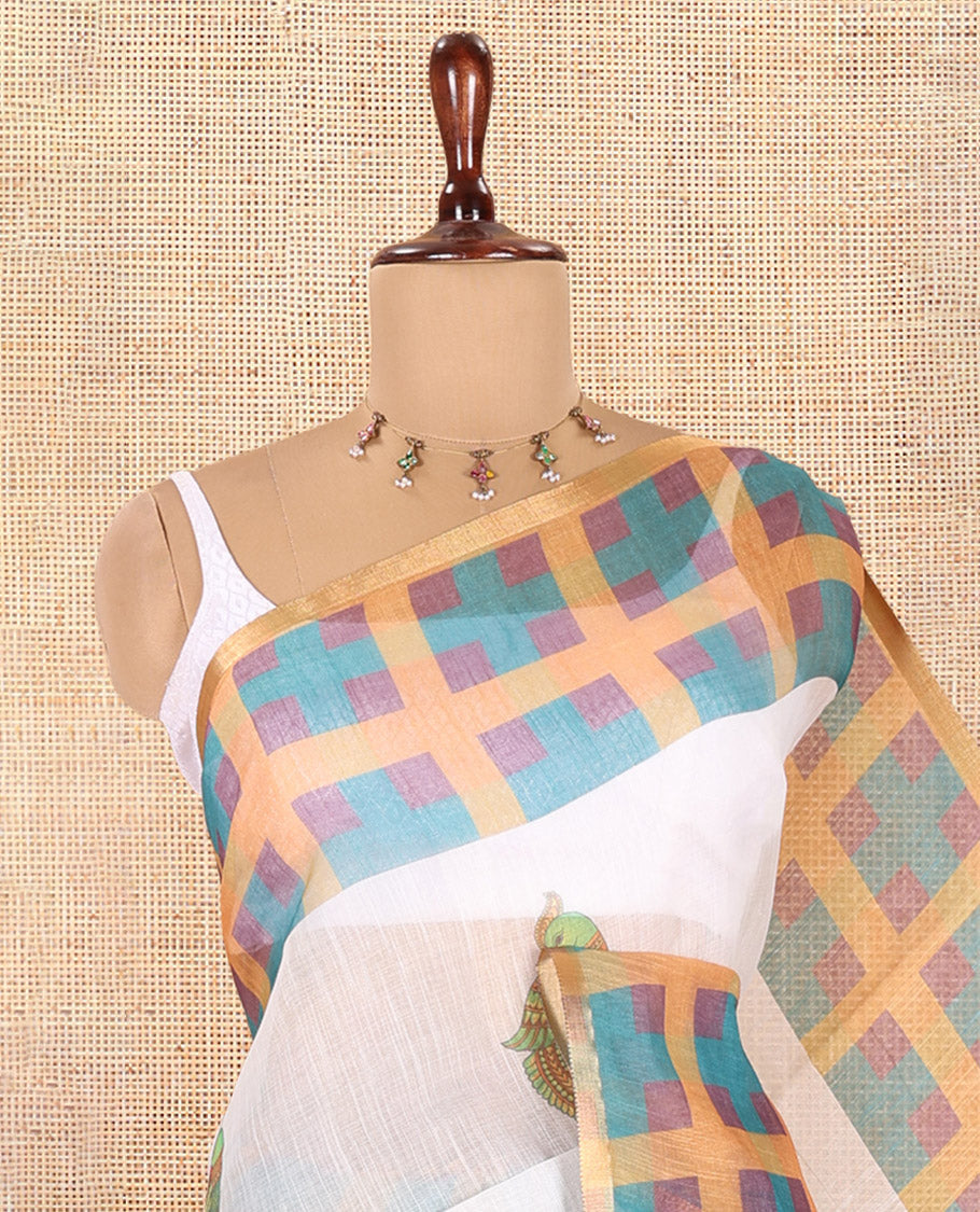 White-Orange Linen Cotton Saree