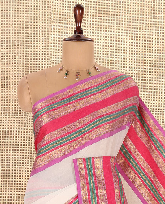 Cream-Lavender Plain Khadi Mul Cotton Saree